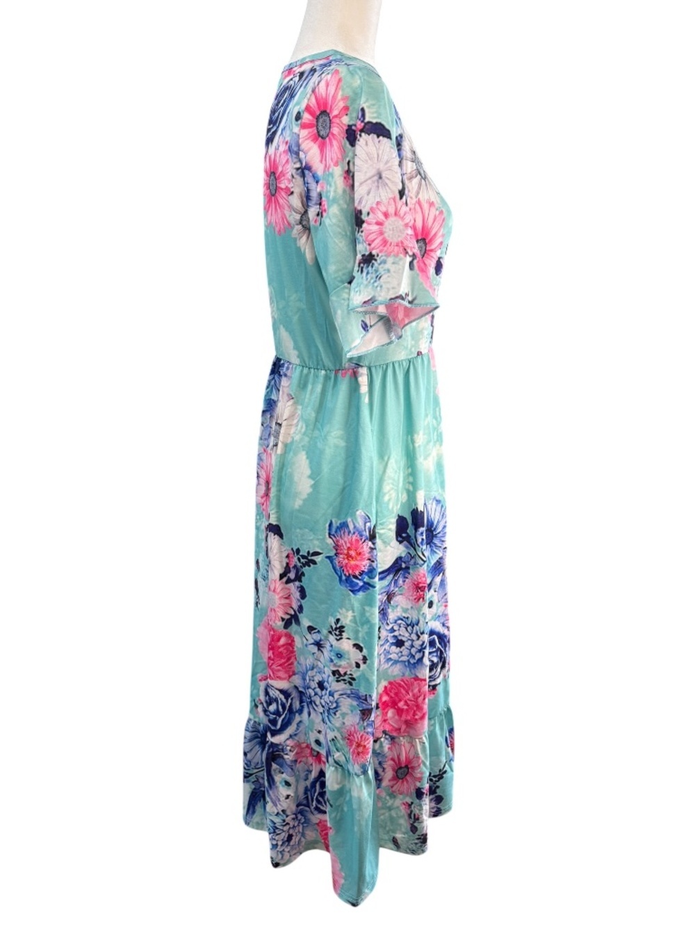Turquoise Floral Dress Size Large Pockets - Picture 4 of 9